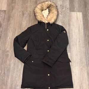 Michael Kors Women's Fur Hood Blk Coat Size Small Loose Fit Full Zip Gold Accent
